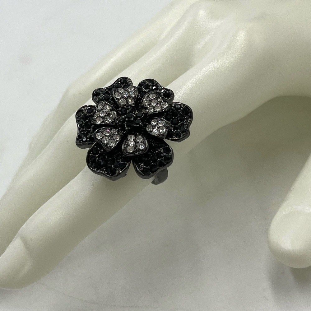 Rare Joan Rivers Gunmetal Finish Belle Fleur Black & Clear Crystalโ Ring 6 New